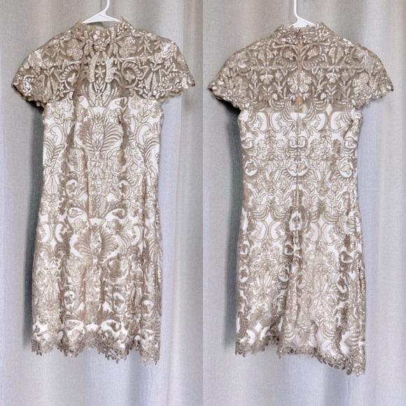 Tadashi Shoji Corded Beige Crewneck Short Sleeve Mini Dress S (4) - Picture 3 of 13